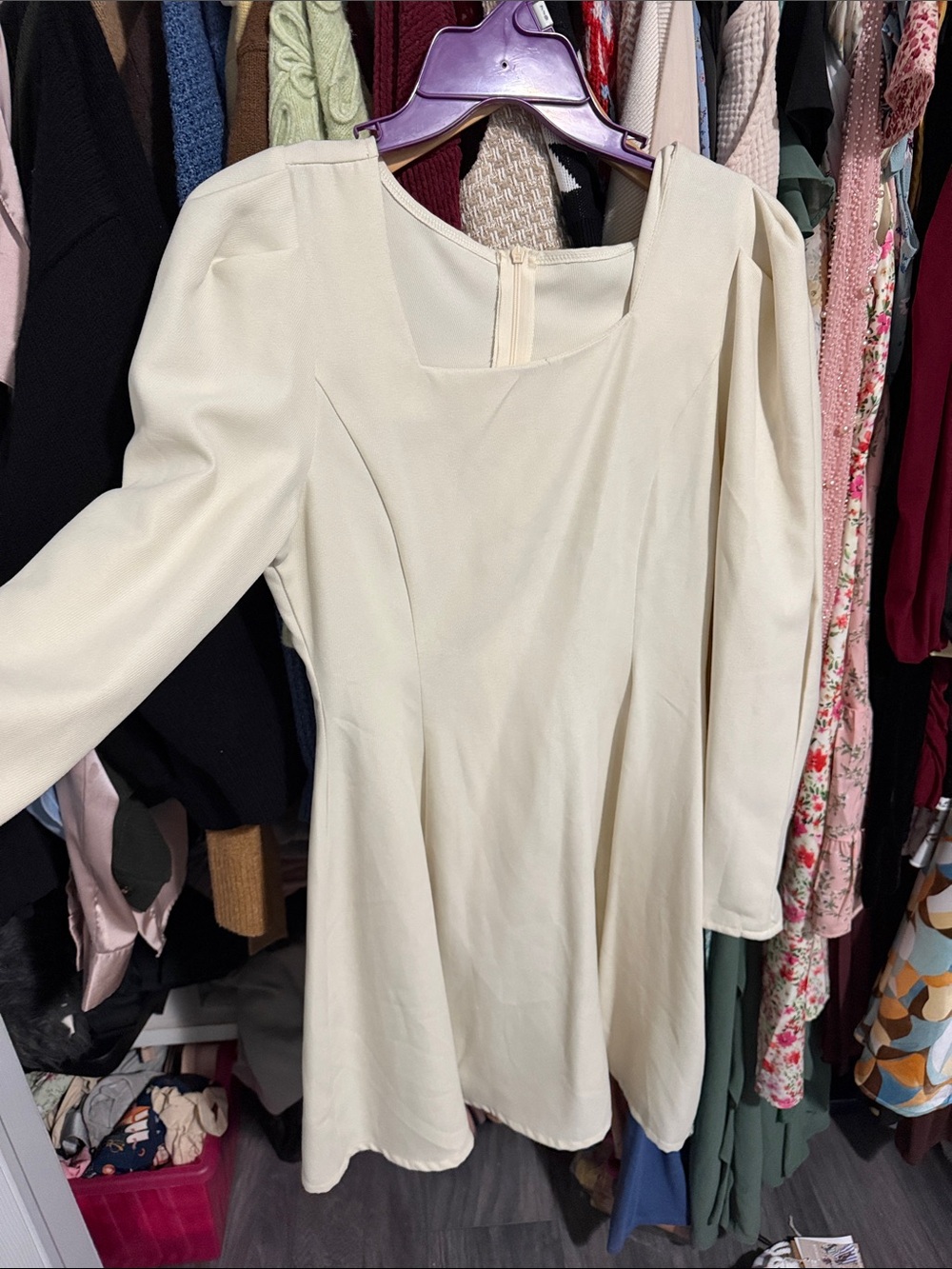 Cream Long Sleeve Fit-and-Flare Dress